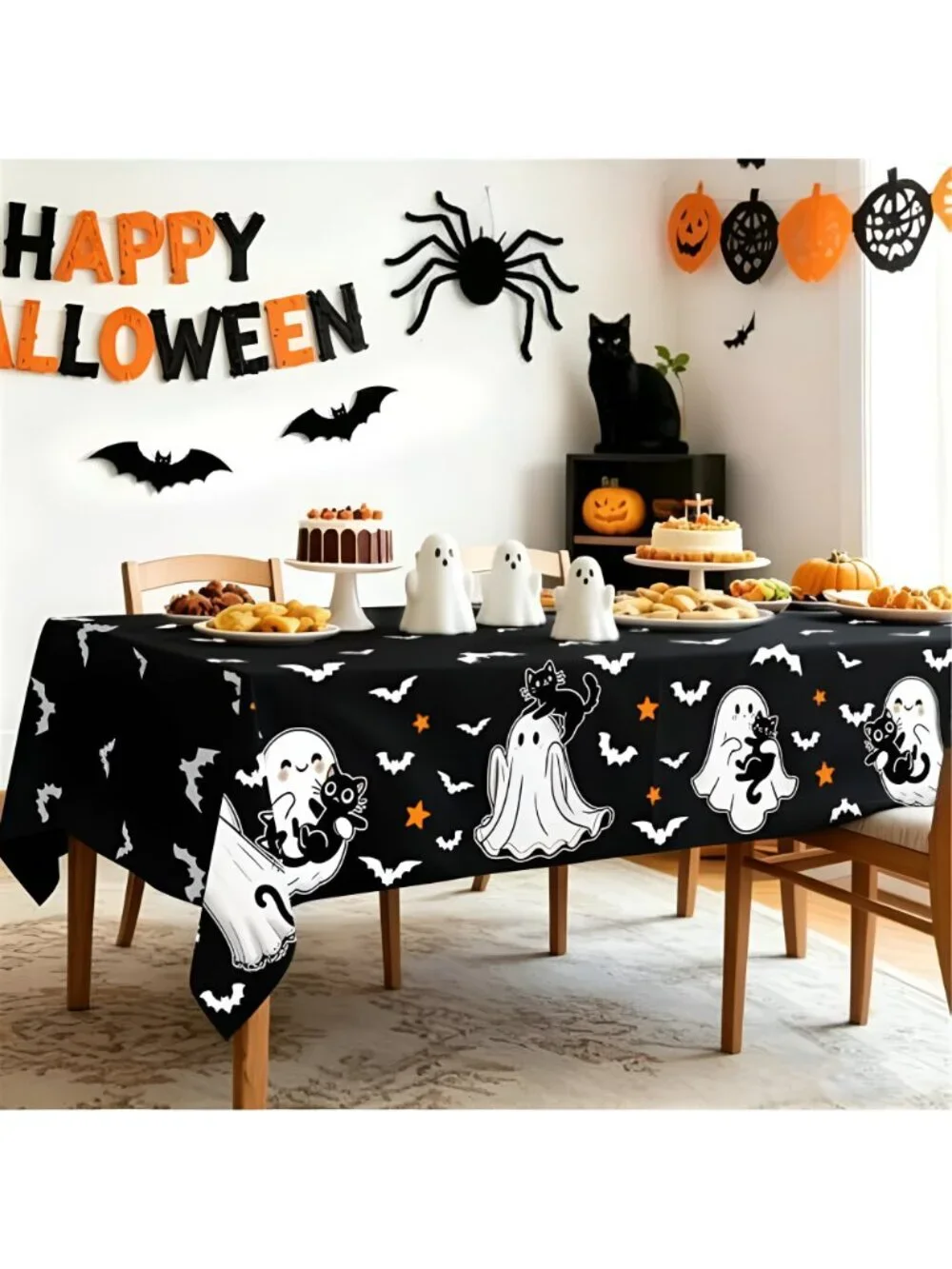 Halloween Tablecloth Rectangular 52 x 70 Inch Spooky Ghost Cat Spider Stars